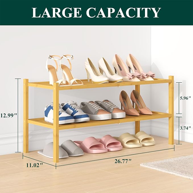Smiry Bamboo Shoe Rack, 2 Tier Shoe Organizer for Entryway & Closet, Stackable Free Standing Storage Shelf for Shoes, Bags & Plants, Natural