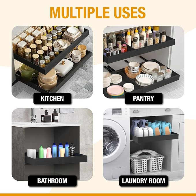Expandable Pull Out Drawers for Cabinets (Black): Kitchen and Pantry Organizer, Sliding Cabinet Organizer with Adhesive, Under Sink and Pots Storage, 12.5"-20.5". Adjustable Shelf Solution