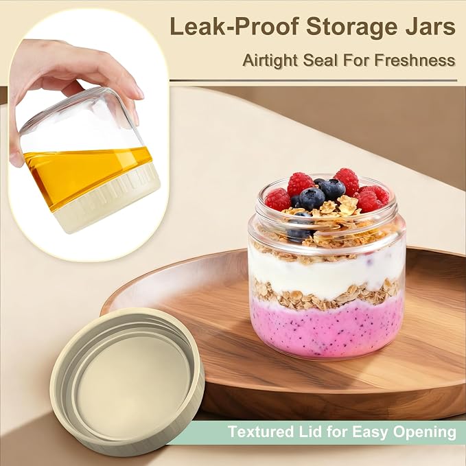 Overnight Oats Containers with Lids, 10oz Wide Mouth Mason Jars with Lids, 3 Pack Glass Jars with Airtight lid for Chia Pudding Yogurt Salad, Meal Prer Oatmeal Jars, Yellow