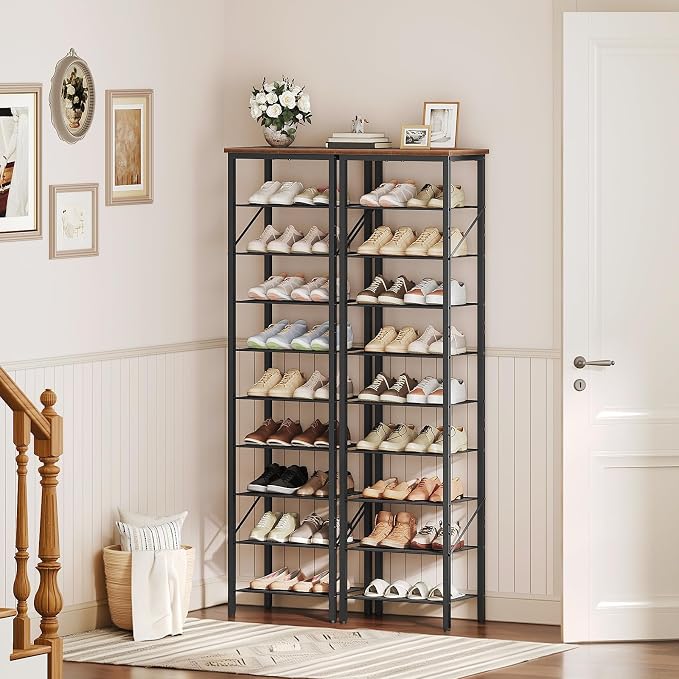 MAHANCRIS 10 Tier Narrow Shoe Rack Organizer, Tall Slim Shoe Storage for Small Space, Holds 10-20 Pairs, Metal Shoe Shelf with Wooden Top for Entryway Closet Bedroom, Rustic Brown and Black SRHR11401