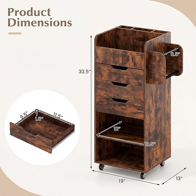 Tangkula Rolling Storage Cart with Drawers, Industrial Aesthetics Organizer Cart w/Lockable Casters, Makeup Utility Cart w/3 Shelves, Slots & Dowels, Storage Cabinets on Wheels, Home Office Craft Cart