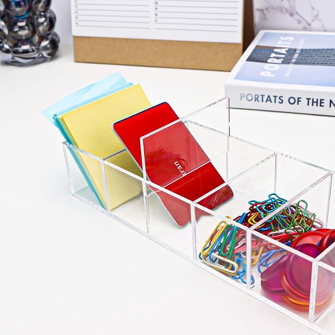 MEI YI TIAN Clear PS Stationery Organizer Small Pen Holder Detachable Storage Boxes 6 Compartments Case Compact Makeup Organizer for Desk Drawer