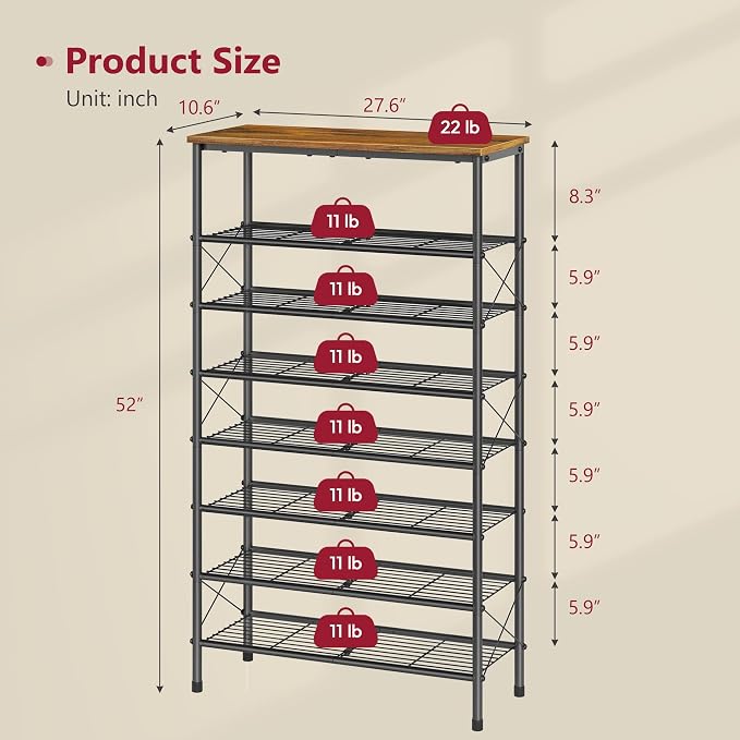 Tajsoon 8 Tier Shoe Rack Organizer for 28-32 Pairs of Shoes, Metal Mesh Shoe Shelf for Closet, Industrial Shoe Rack for Entryway Shoe Storage with X Shape Fixed Frame, Rustic Brown & Black