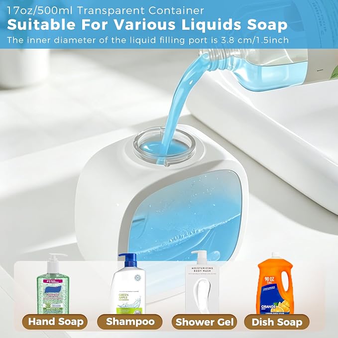 Automatic Liquid Soap Dispenser, 17oz/500ml Touchless Rechargeable with 4-Level Adjustable & IPX5 Waterproof - Level Display for Wall/Tabletop Use in Bathroom, Kitchen, White