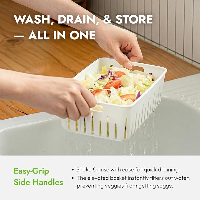 carrotez 6.3 Cup Produce Saver Container for Fridge with Colander - 1.5L | Airtight Fruit & Vegetable Storage Bin, Removable Strainer Basket, BPA-Free, Stackable, White Colander