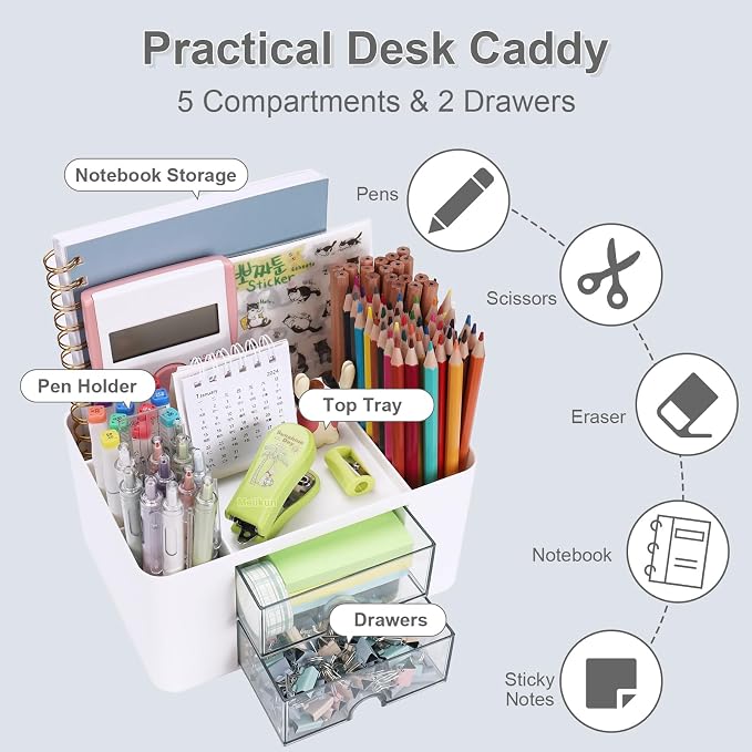 Meiikun Plastic Pen Organizer, Multifunctional Desk Organizer with 2 Drawers, 4 Compartments & a Top Tray, Pencil Holder Desktop Organizers and Accessories for Office, 7.7" x 5.5" x 3.9" (White)