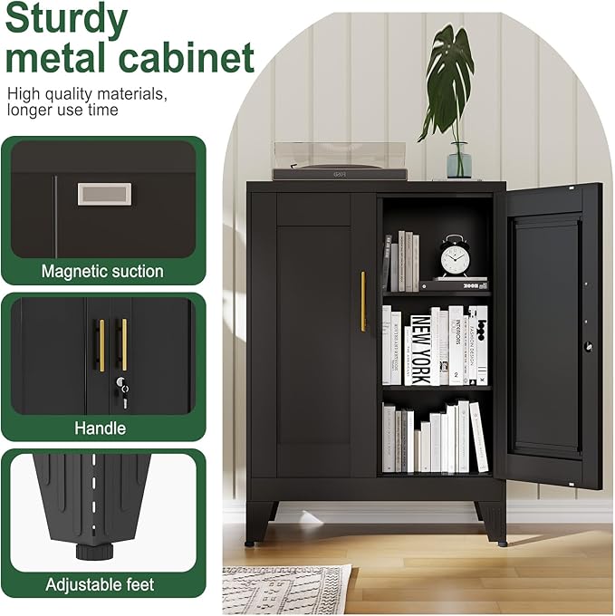 Black Metal Storage Cabinet, 36" Tall Locking Storage Cabinet with 2 Adjustable Shelves, Steel Locker Organizer, for Office, Home, School, 11.81" D x 23.62" W x 35.83" H, 2PS