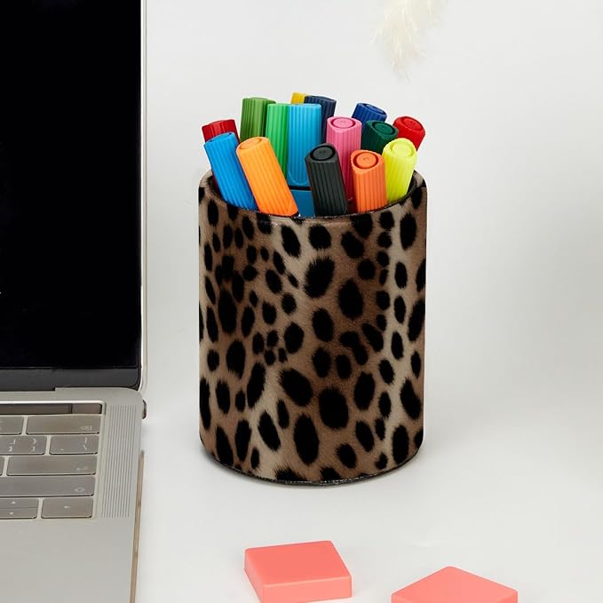 Faux Leather Pen Holder for Desk, Pencil Organizer Leopard Print Pen Cup Desk Decor Makeup Brush Holder Storage for Office Home