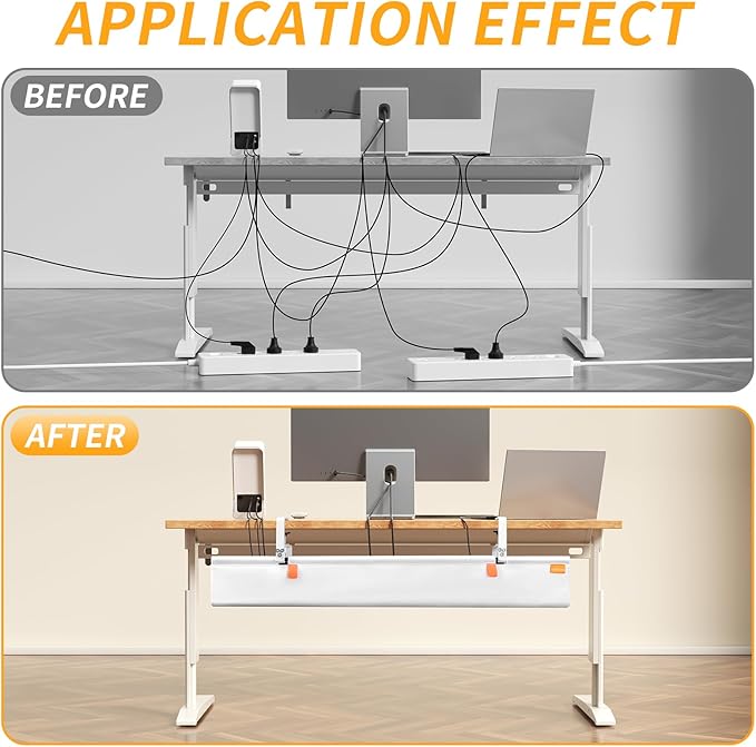 Under Desk Cable Management Tray with Clamp, No Drill 28" Cord Organizer for Desk, Desk Cable Management Fabric Tray for Standing Desks, Ideal for Home & Office - White