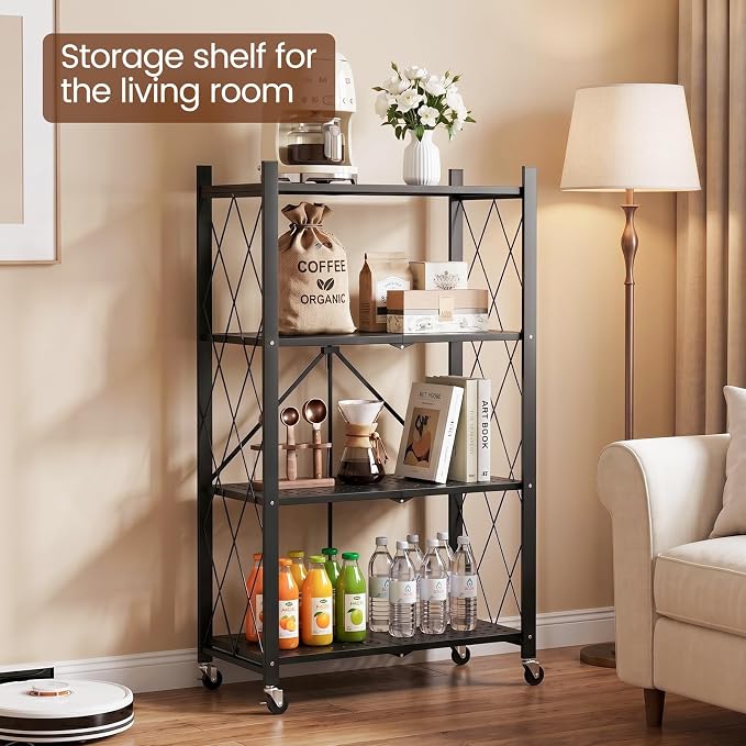 ALANNG 4 Tier Folding Storage Shelf on Wheels,Heavy Duty Metal Rolling Cart | 264 lbs Capacity, No Tools Assembly, Folds to 3.9", Lockable Casters, Portable for Kitchen Laundry Garage