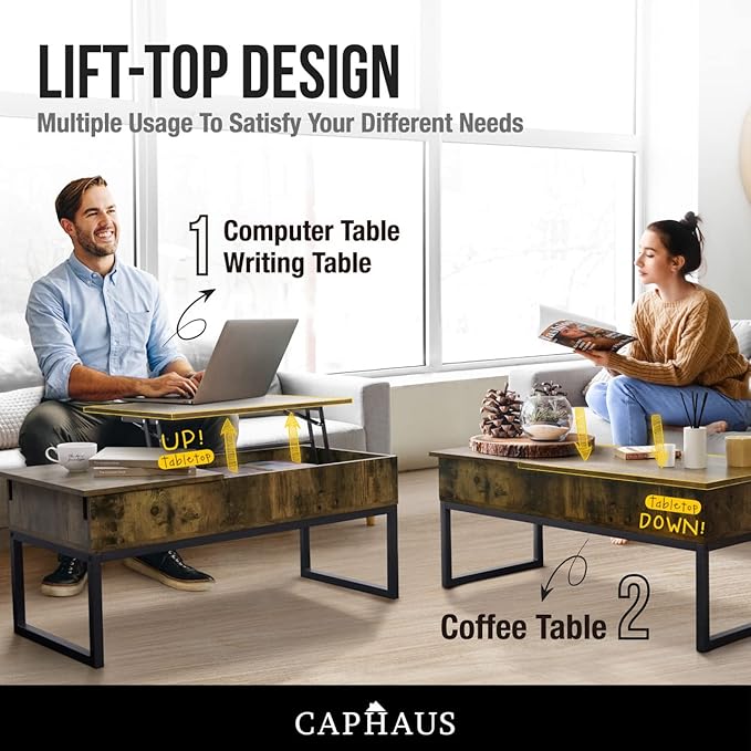 CAPHAUS Lift Top Coffee Table w/Sliding Drawer, Rising Tabletop Coffee Table w/Hidden Compartment & Sliding Drawer, Storage Coffee Table w/Lift & Sliding Top for Living Room, 47" Espresso