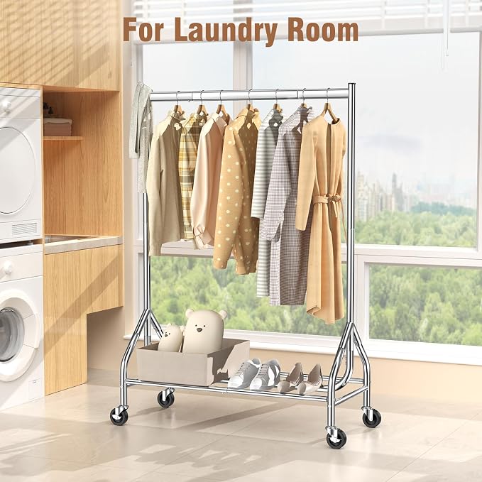 EAGMAK Heavy Duty Clothes Rack Load 420 LBS, Rolling Garment Rack with Lockable Wheels, Standing Metal Clothing Rack with Shelves, Portable Wardrobe Sturdy Coat Rack for Hanging Clothes (Silver)