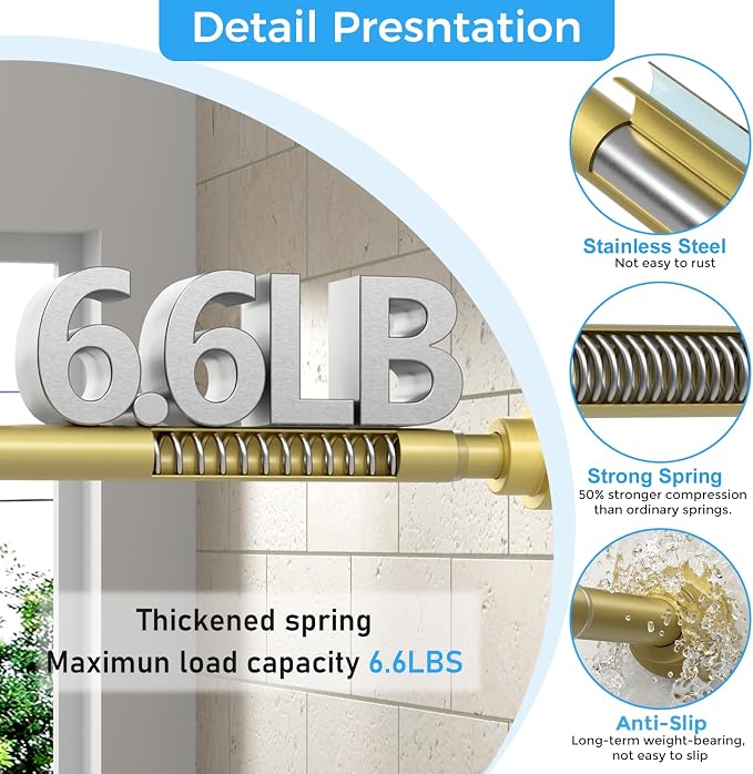 Shower Curtain Rod 31-76 Inch,7/8"Diameter Adjustable Spring Tension Curtain Rods No Drill,Warm Gold Shower Tension Rod for Bathroom,Room Divider,Window,Anti-Rust Non-Slip 1-Pack
