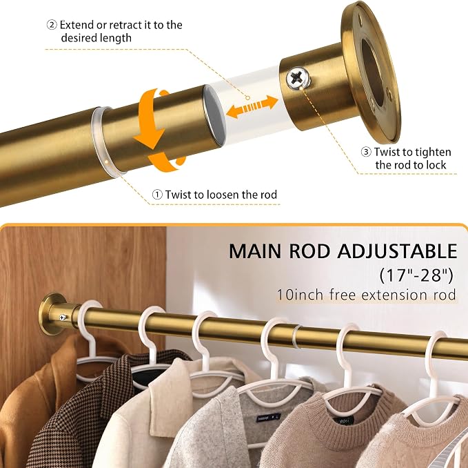 Closet Rods For Hanging Clothes, 17-40 Inch Adjustable Closet Rod, Stainless Steel Heavy Duty Closet Hanging Rod-Gold