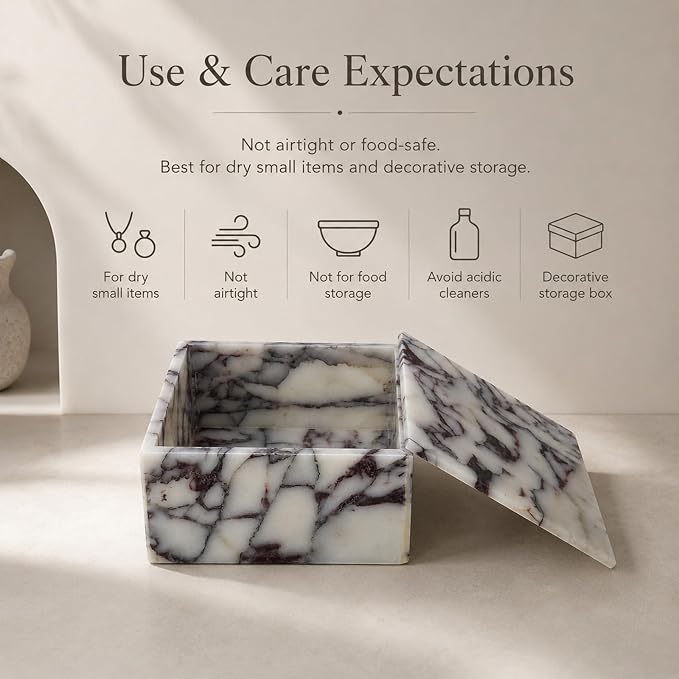 Natural Marble Square Jewelry Box with Lid, 5.91 in | A square natural marble box with lift-off lid for jewelry, cotton pads, and a cleaner dresser display.