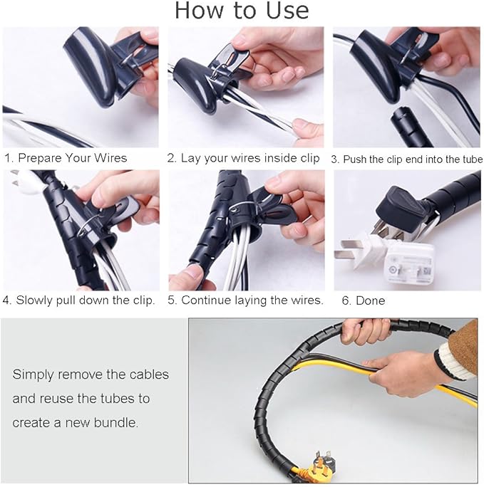 Black Computer Cable Management Wire Cover Electrical Cord Hider Solutions 2 PCS, VIWIEU Tangle Sprial Cable Tube with 4 Adhesive Cable Clips for TV Laptop Floor Home & Office