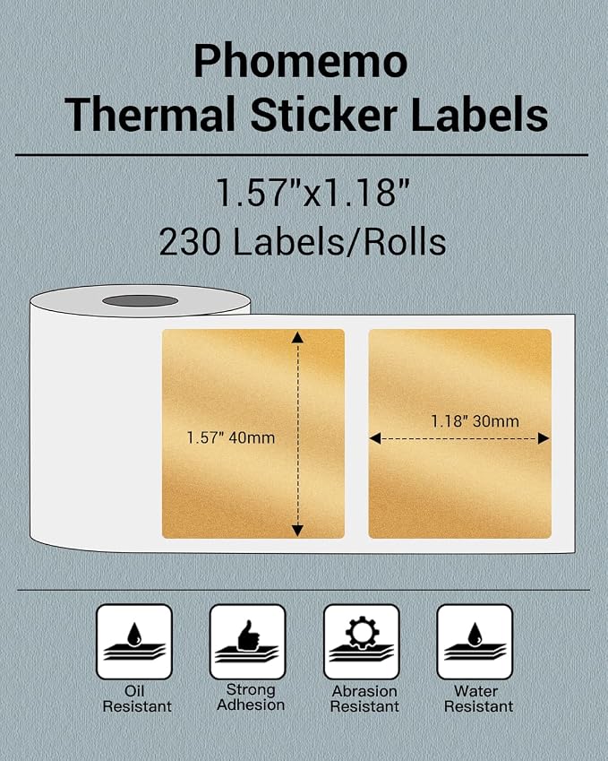 Phomemo Thermal Sticker Labels- 1.57"x1.18"(40x30mm) Thermal Label for M110/M100/M220/M250/M108, for Barcode/Address/Mailing/Logo/Business/Home Tag, Black on Golden