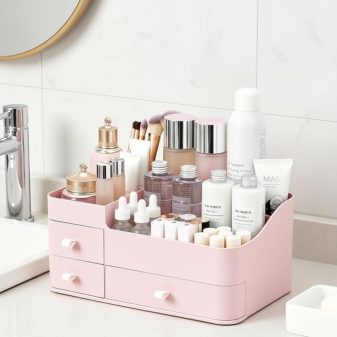 Makeup Organizer with 3 Drawers, Bathroom Counter Organizer. | Plastic Cosmetic Display Case, Ideal for Make Up, Skincare, Perfume; Suitable for Dresser Top, Vanity and Desk