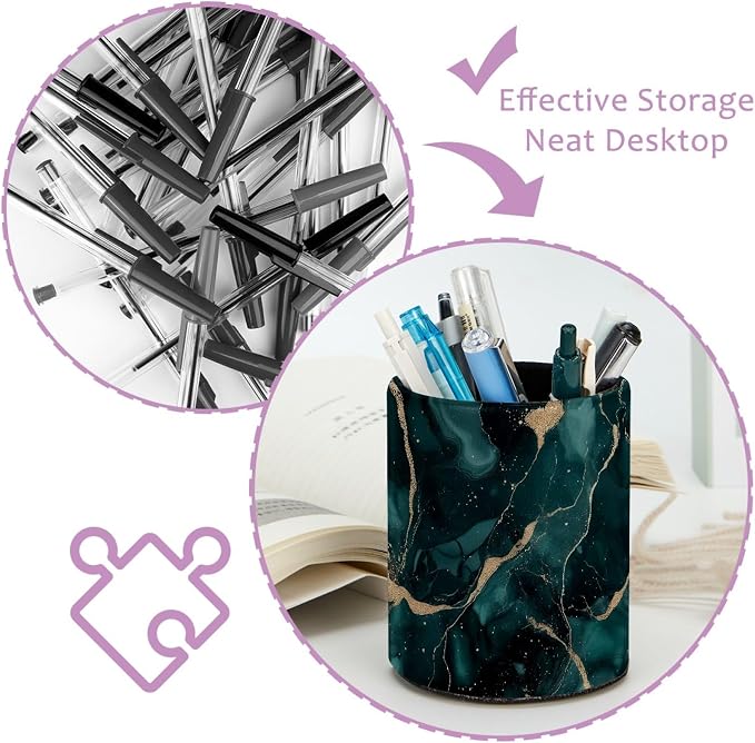 Faux Leather Pen Holder for Desk, Pencil Organizer Green Marble Pen Cup Desk Decor Makeup Brush Holder Storage for Office Home