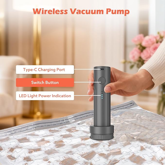 Travel Vacuum Bags with Wireless Charging Air Pump, 15 Pack Vacuum Seal Bags with 3 Sizes for Clothing Travel, Space Saver for Luggage, Business Trip, Home Storage