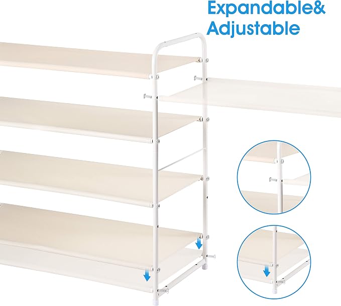 Simple Trending Shoe Rack - 4-Tier Shoe Organizer, Expandable & Adjustable Fabric Shoe Shelf Storage Organizer for Closet, Entryway, Bedroom, White