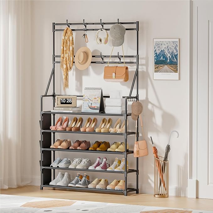 OYREL Shoe Rack, 5 Tier Shoes Storage Organizer with Hooks and Side Pocket | 20-25 Pairs, for Closet/Entrance/Entryway, Stackable & Detachable Closet Organizers and Storage Free Standing Shoe Rack