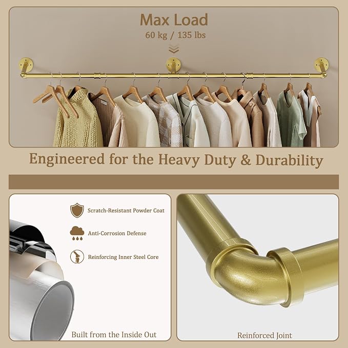Wall Mounted Clothes Rack, Industrial Pipe Clothing Rack 50 Inch Gold, Wall Clothes Hanger for Bedroom, Cloakroom, Closet, Hallway, Boutique Display, Drying Racks Wall-Mount for Laundry