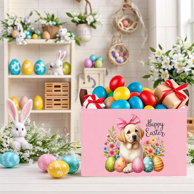 Large Cute Easter Basket for Kid Empty Gift Baby Rectangle Storage Bin Bunny Eggs Boy＆Girl Room Décor (Pink Dog)