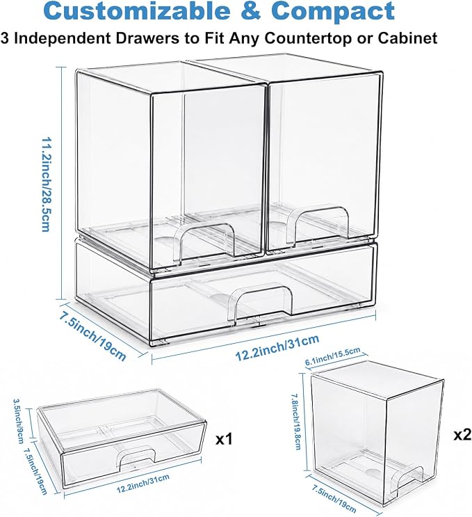 Clear Baby Bottle Organizer, 3-Piece Modular Stackable Acrylic Bins Set | BPA-Free Heavy-Duty Acrylic; Fits Breast Pump Parts, Nipples & Pacifiers; Space-Saving Nursery Cabinet & Drawer Organizer