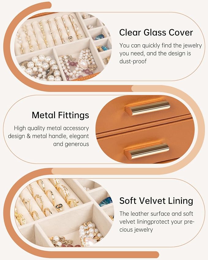AKOZLIN Jewelry Box with Clear Lid Functional Leather Jewelry Storage Organizer Case 4 Drawers for Women Girls Necklace Ring Bracelet Earring Orange