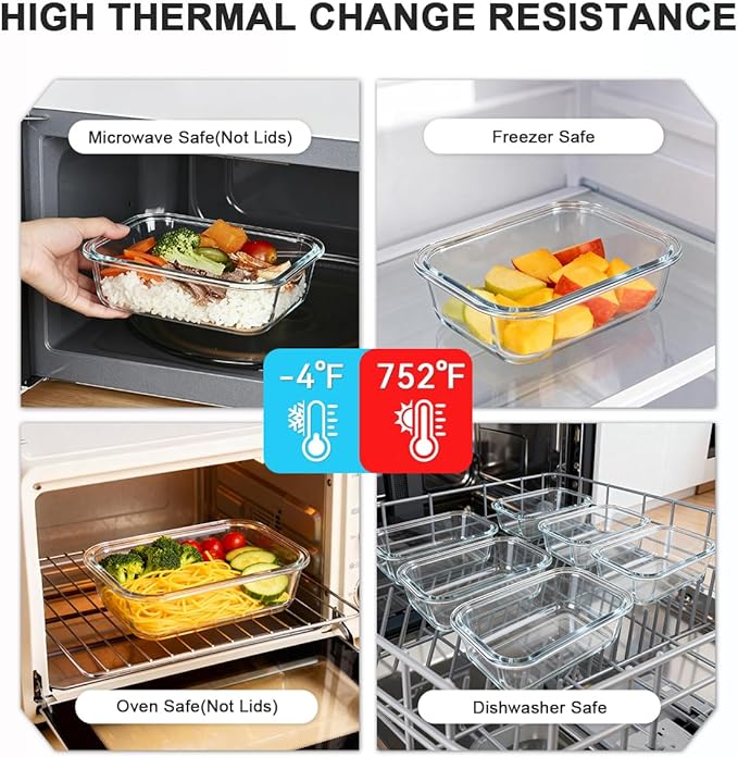 KAMOTA Glass Food Storage Containers, 10 Pack Glass Meal Prep Containers, Airtight Containers with Snap-Lock Lids, 22 oz Grey Container Set with Lids, for Microwave/Oven/Freezer/Dishwasher