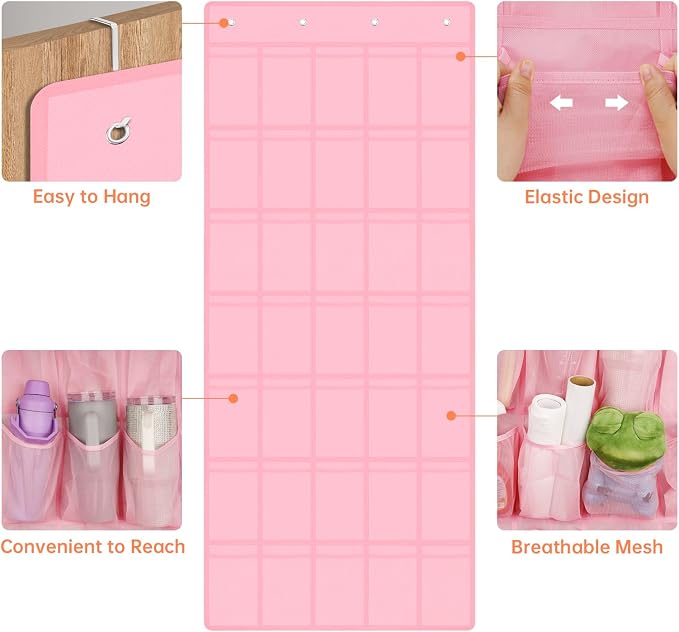 NiHome 35 Pockets Door Hanging Cup Organizer Fit for Stanley Tumblers, Pink | Large Capacity Over the Door Water Bottle Organizer in Kitchen, Pantry, Classroom, Elastic Mesh Secure Storage Cup Holder