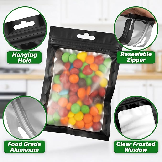 100 PCS Resealable Mylar Bags with Zipper and Frosted Clear Window Smell Proof Packaging Bags Foil Pouch Zipper Bag for Food Self Sealing Storage Supplies (Black, 6.29x9.44)