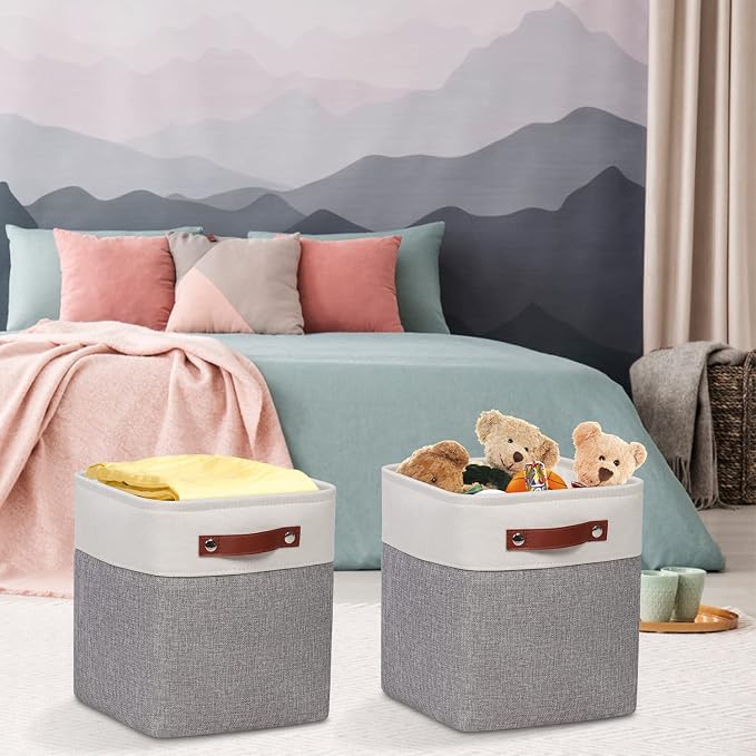 Fabric Storage Cubes 10.5x10.5x11in, Cube Storage Bins Organizers | Small storage cubes, Foldable Storage Basket, For Shelves Closet Organizers, with PU Leather Handle, , 6 Pack, Grey