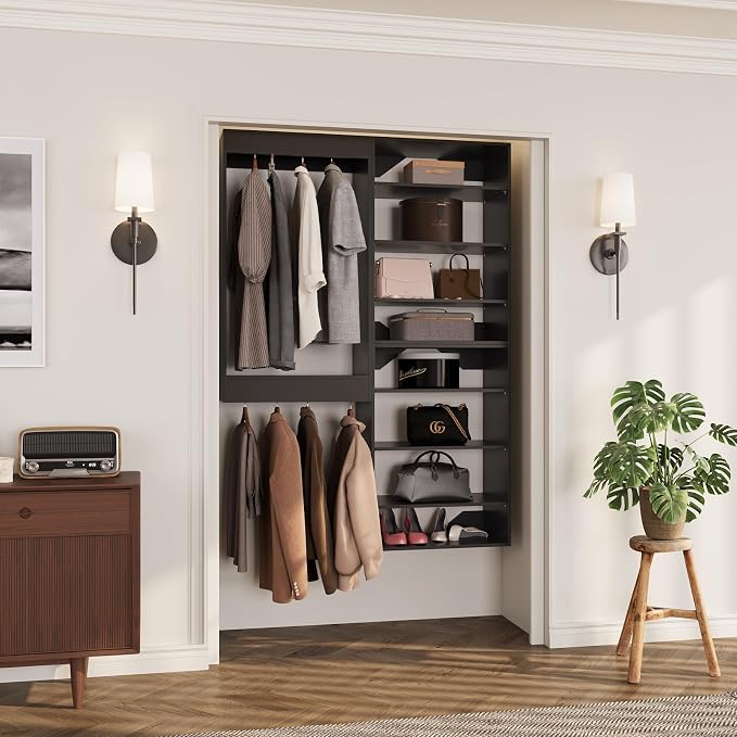 ROOMTEC Modular Closet System, 67" Wall-Mounted Closet Organizer with Hanging Rods and Shelves, Wooden Tower for Walk-In Closets, Wardrobe Storage Kit, Black
