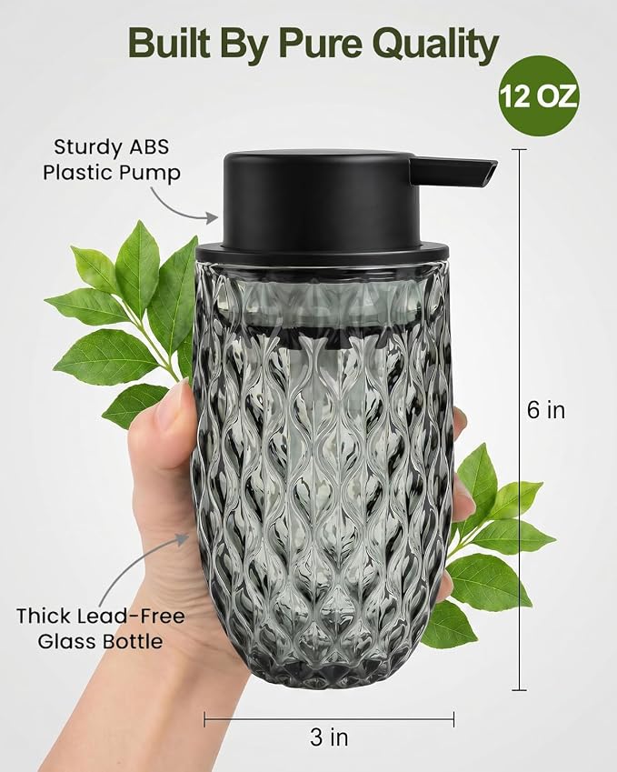 Glass Foaming Soap Dispenser, Grey Embossed Foam Hand Soap Dispenser, 2PCS | Refillable Foaming Soap Bottle, with Black Pump for Bathroom, Kitchen, Elegant Modern Home Decor, 12 OZ Large Capacity