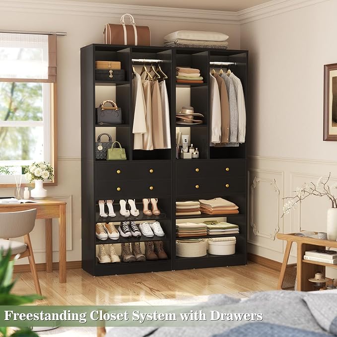 Besiost Closet System, 55.5"/4.6 FT Closet Organizer System with Drawers and Shelves, Walk-in Closets Systems for Small Closets, Free Standing Reach in Closet Tower, Load 1200+LBS, Black 2 Pack