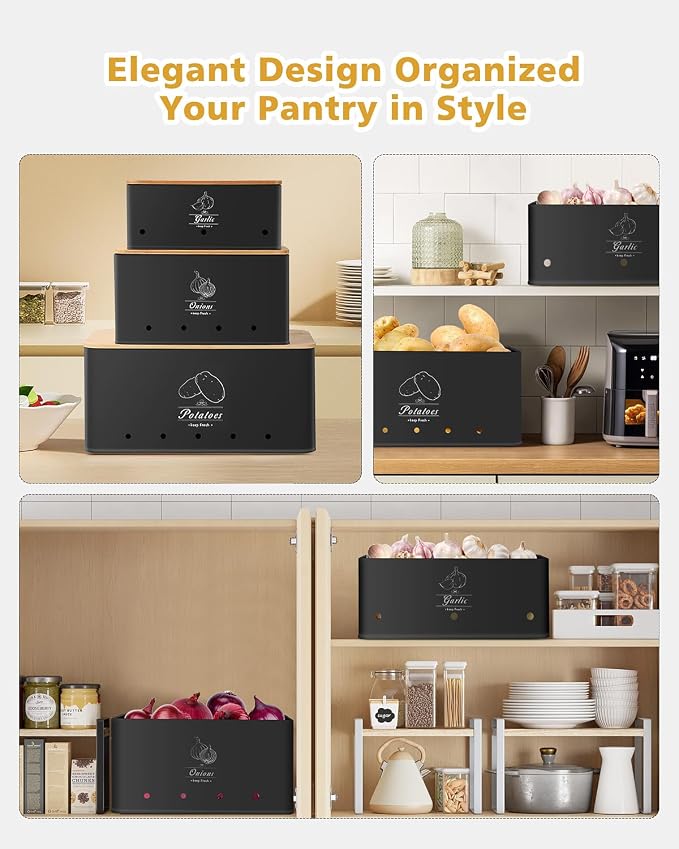 Kitchen Vegetable Storage Set of 3, Sturdy and Durable Storage Basket for Potato, Onion, Garlic, Fruit,Aerating Holes and Wooden Lid (black)