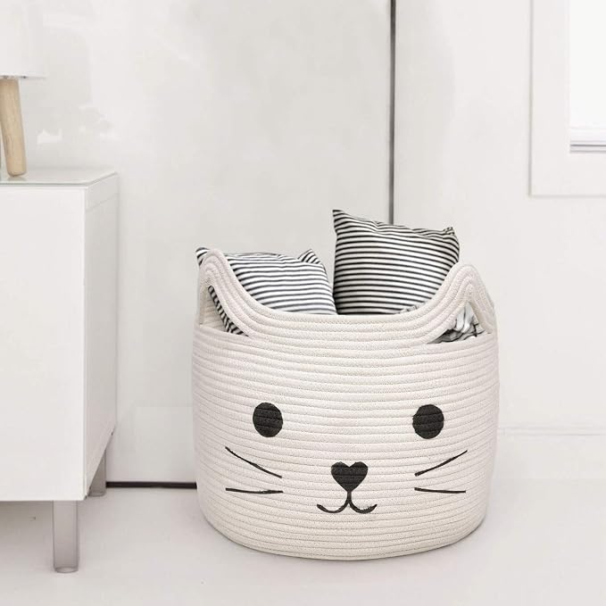Large Woven Cotton Rope Storage Basket, Baby Laundry Basket Organizer for Towels, Blanket, Toys, Clothes, Gifts | Pet Gift Baskets for Cat, Dog - 15.7" L×11.8" H