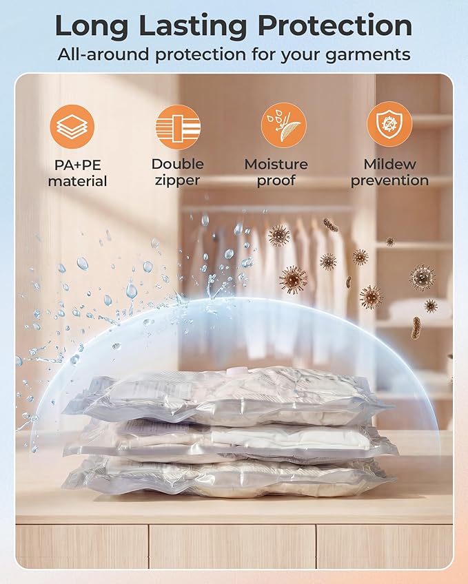 BAGSMART Vacuum Storage Bags with Portable Pump, Travel Space Saver Bags for Clothes, Heavy Duty Compression Bags for Storage, Vacuum Seal Bags with Hand Pump, Travel Essentials for Packing-Pink