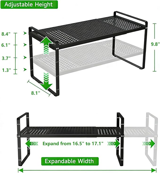 Expandable Cabinet Storage Shelf Stackable Organizer Rack for Kitchen Bathroom Pantry Spice Cupboard Coffee Countertop Home Office Desk Heavy Duty Nonslip Black Small 2 Packs