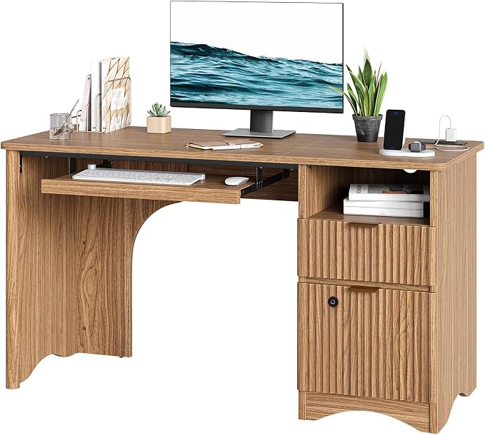 Bestier 55" Office Desk with Locking File Drawer & Charging, Brown | Partitioned Storage & Cable Management,Oak,Easy Assembly,Smart Fingerprint Drawer Lock,Wear-Resistant Easy-Clean Desktop