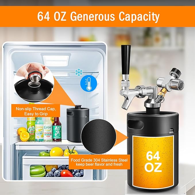 Mini Keg Growler Tap System, 64OZ Pressurized Stainless Steel Beer Keg, Durable Beer Dispenser System with CO2 Regulator & Self-Closing Faucet, Portable Beer Growler to Keep Fresh for Homebrew