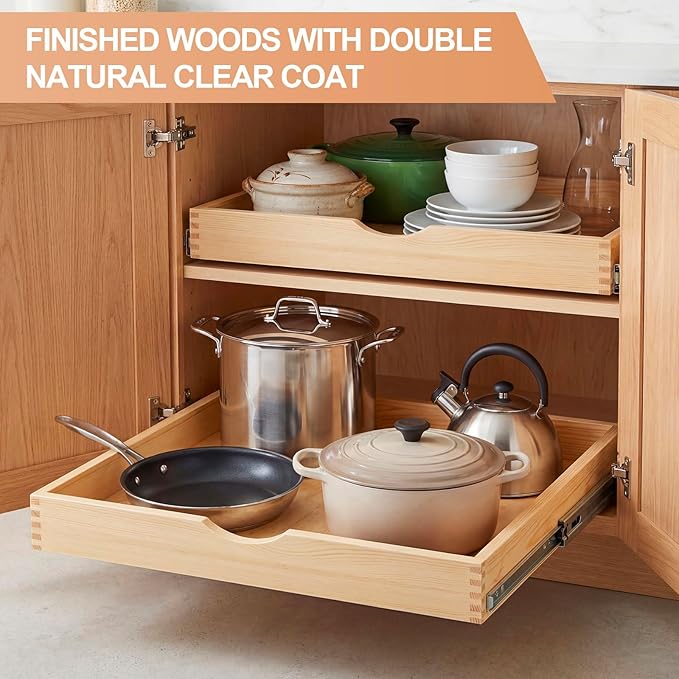 Menkxi 2 Set Wooden Pull out Cabinet Organizer Fully Assembled Slide out Pantry Drawer with Gentle Close Storage Shelf Tray for Base Kitchen Under Sink Bathroom Accessory(Wood Color,21'' X 21'' X 3'')