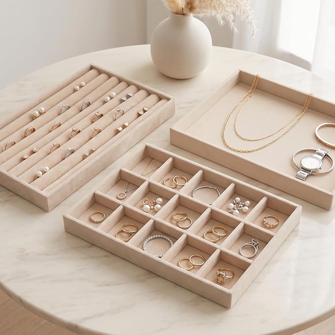 Hanging Jewelry Organizer & Drawer Trays Set - Double-Sided Wall Hanger for Necklaces & Earrings, 3 Stackable Velvet Storage Inserts for Rings & Bracelets - 5 Pack