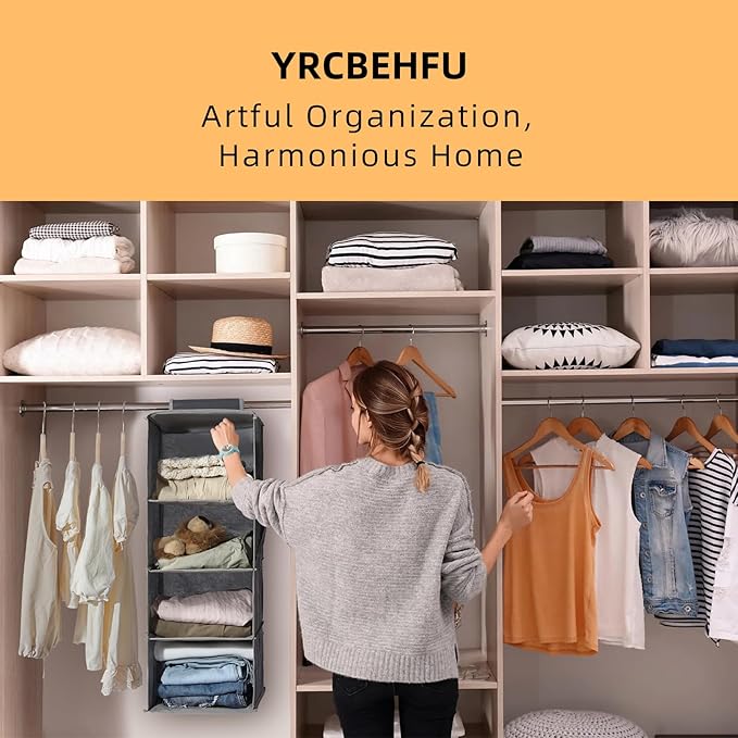 2 Packs Hanging Closet Organizer Stroage, 3-Shelf Hanging Shelves with Bamboo Inserts & Side Pocket, Grey