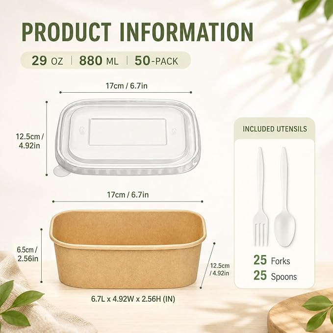 Holotap 50 Pack 29 OZ Disposable Kraft Paper Bowls with Lids【with Spoons and Forks】,Disposable Food Containers, Microwave Safe for Hot Soup, Disposable Meal Prep Containers for Restaurant Supplies