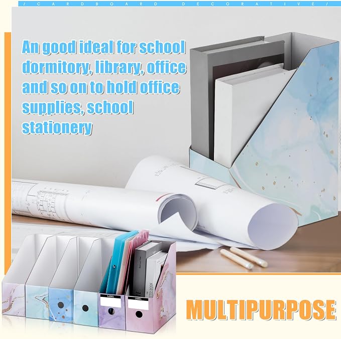 PerKoop 6 Pcs Decorative Magazine File Holders Floral Foldable File Folders Magazine Storage Boxes Rack Desk Organizer Documents with Printable Labels for School Office Home (Marble)