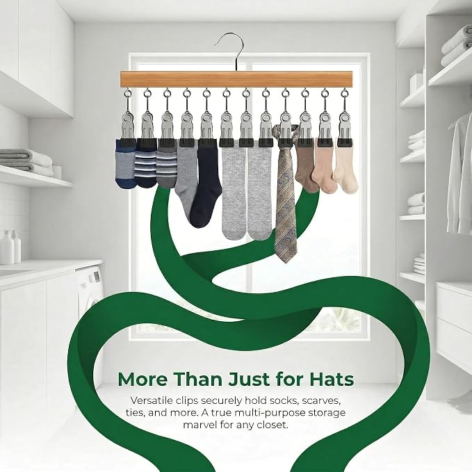 Closet Organizer with 12 Clips, 2 Pack Closet Space Savers for Hanging Clothes, Wooden Pants and Leggings Hangers with 360° Rotating Hook, Space-Saving Hat Scarf Clothespins, Natural Wood Color