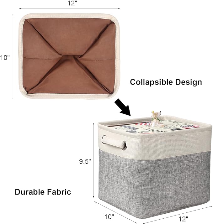 Foldable Storage Bin Collapsible Basket 12" x 10" x 9.5" Cube Storage Organizer Bins with Dual Carry Handles for Home Closet Shelves Drawers Organizer, Set of 3, Grey